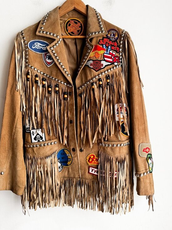 Vintage Light Beige Fringe Suede Jacket with Patches S - Picture 2 of 16